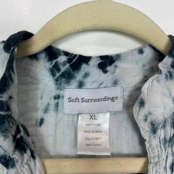 Soft Surroundings Marbella Dress XL Blue Navy Pintuck Ruffle Cotton Tie Dye boho - Picture 2 of 12